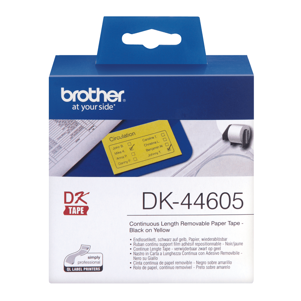 Brother DK44605: оригинальная непрерывная бумажная лента с удаляемой клейкой поверхностью для печати наклеек черным на желтом фоне, 62 мм. 2